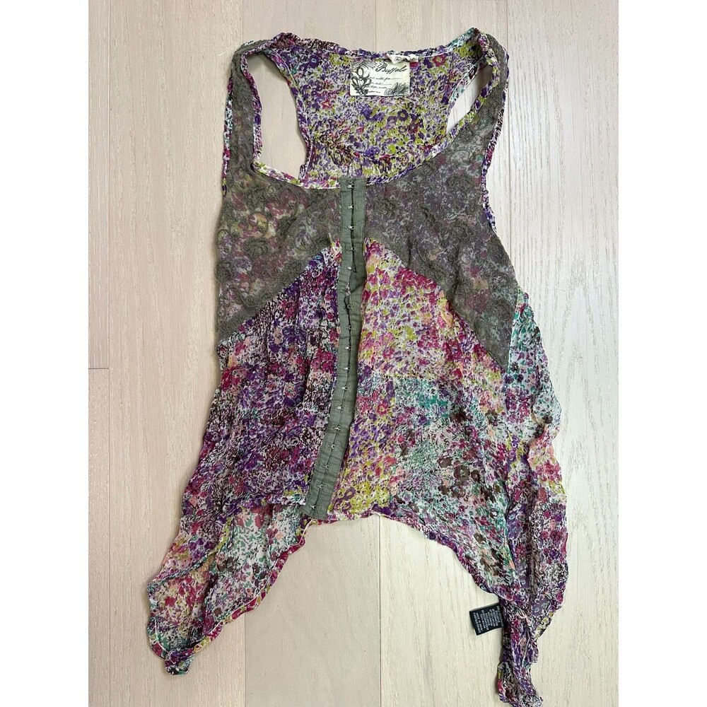 Y2K Sheer Tank Top Asymmetrical Floral Lace Indie Sleaze Racerback Buffalo M